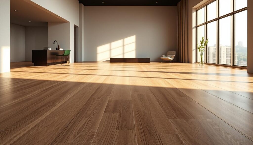A sleek, modern interior featuring a well-lit, expansive floor of durable D'Landra wide plank vinyl flooring. The planks display a rich, wood-grain texture and a lustrous, scratch-resistant finish. The lighting casts a warm, natural glow, highlighting the tactile, high-quality feel of the material. The flooring seamlessly blends with the minimalist, elegant decor, creating a cohesive, luxurious atmosphere. The scene conveys a sense of sophistication and practicality, perfectly showcasing the features and benefits of this premium vinyl flooring solution.