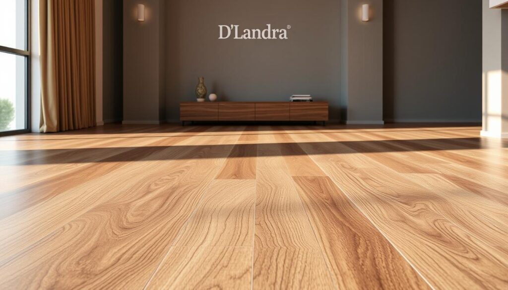 A sleek, modern luxury vinyl flooring display featuring the D'Landra brand. In the foreground, crisp, high-resolution close-ups showcase the intricate wood-grain patterns and supple, waterproof surface. The middle ground presents a wider angle, revealing the flooring's durable construction and seamless installation. In the background, a softly lit, minimalist setting with clean lines and neutral tones complements the flooring's elegant aesthetic. Lighting is warm and directional, casting subtle shadows that accentuate the textural details. The overall scene conveys the durability, beauty, and premium quality of D'Landra's luxury vinyl flooring.
