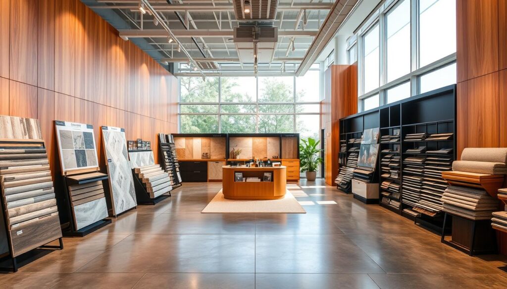 A sleek, modern showroom filled with a variety of D'Landra's personalized flooring options. Warm hardwood panels line the walls, casting a soft glow under the recessed lighting. In the center, an expertly curated display showcases D'Landra's luxury vinyl, tile, and carpet samples, inviting customers to visualize the perfect flooring for their South Florida homes. Massive windows flood the space with natural light, reflecting off the polished concrete floors. A knowledgeable staff stands ready to guide homeowners through the selection process, ensuring a seamless flooring installation experience tailored to each client's unique needs and style.