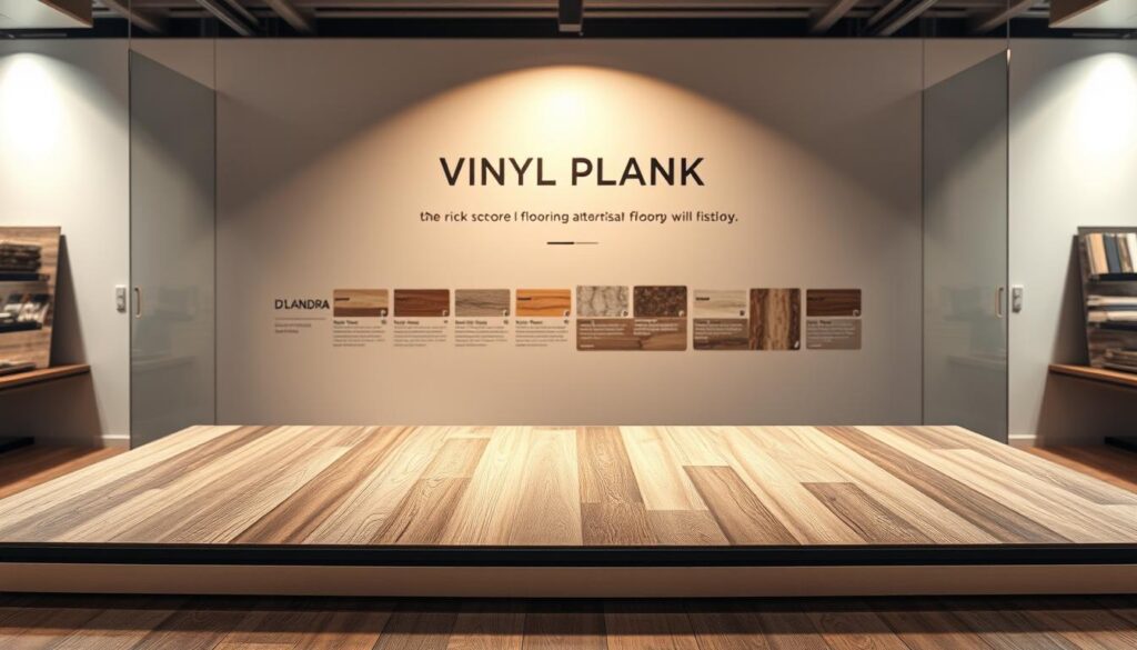 A sleek, modern vinyl plank flooring display showcases the rich history and evolution of this innovative material. In the foreground, a meticulously crafted D'Landra branded sample board features a variety of wide-plank textures and finishes, ranging from rustic wood grains to contemporary stone-inspired patterns. The middle ground depicts a timeline of vinyl plank advancements, highlighting key milestones and technological breakthroughs that have shaped this durable and versatile flooring solution. The background sets a warm, inviting atmosphere with soft, directional lighting illuminating the display, creating a sense of depth and highlighting the tactile qualities of the materials. The overall composition conveys the luxury, sophistication, and enduring appeal of wide-plank vinyl flooring.