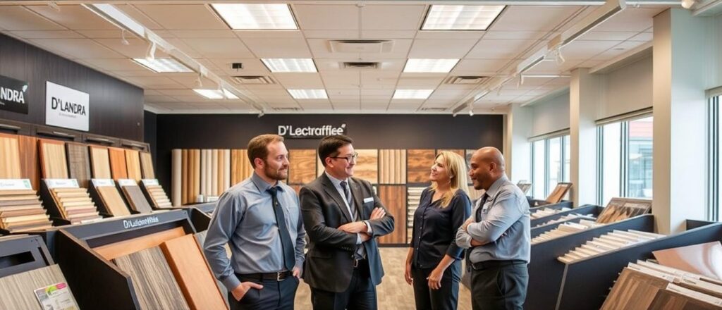 Experienced flooring specialists from D'Landra, a team of skilled professionals, standing confidently in a well-lit, modern showroom showcasing a variety of high-quality flooring samples. The specialists, dressed in sharp uniforms, are engaged in animated discussion, demonstrating their expertise and passion for exceptional flooring solutions. The scene conveys a sense of professionalism, attention to detail, and a commitment to providing top-notch service to South Florida homeowners.