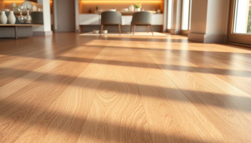 a close-up view of a stylish, D'Landra branded luxury vinyl flooring, showcasing its waterproof and durable properties. The flooring is shown in a well-lit, modern interior setting, with a focus on the intricate wood-like texture and glossy finish. The lighting creates warm, soft shadows, highlighting the flooring's resilience and long-lasting appeal. The scene conveys a sense of elegance, showcasing the practical benefits of this type of flooring for high-traffic areas, while maintaining a visually appealing and inviting atmosphere.